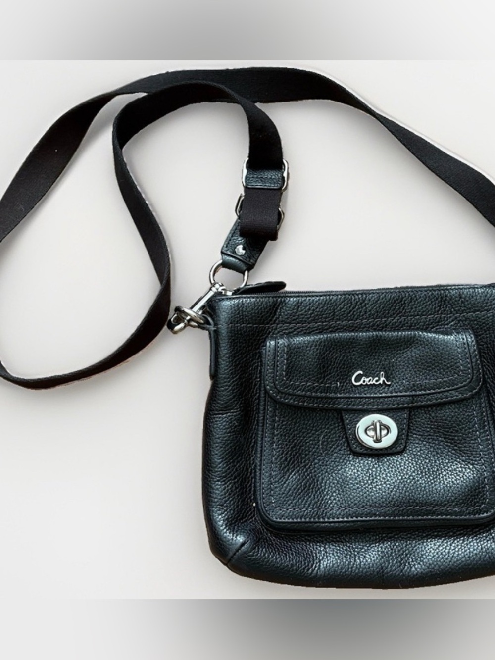 Coach Black Pebbled Leather Crossbody with Turn-Lock Front Pocket silver accent